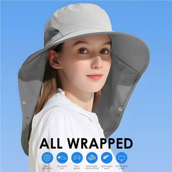 UPF 50 Sun Hat with Neck Flap UV Protection Outdoor Fishing Safari Cap - Picture 5 of 7